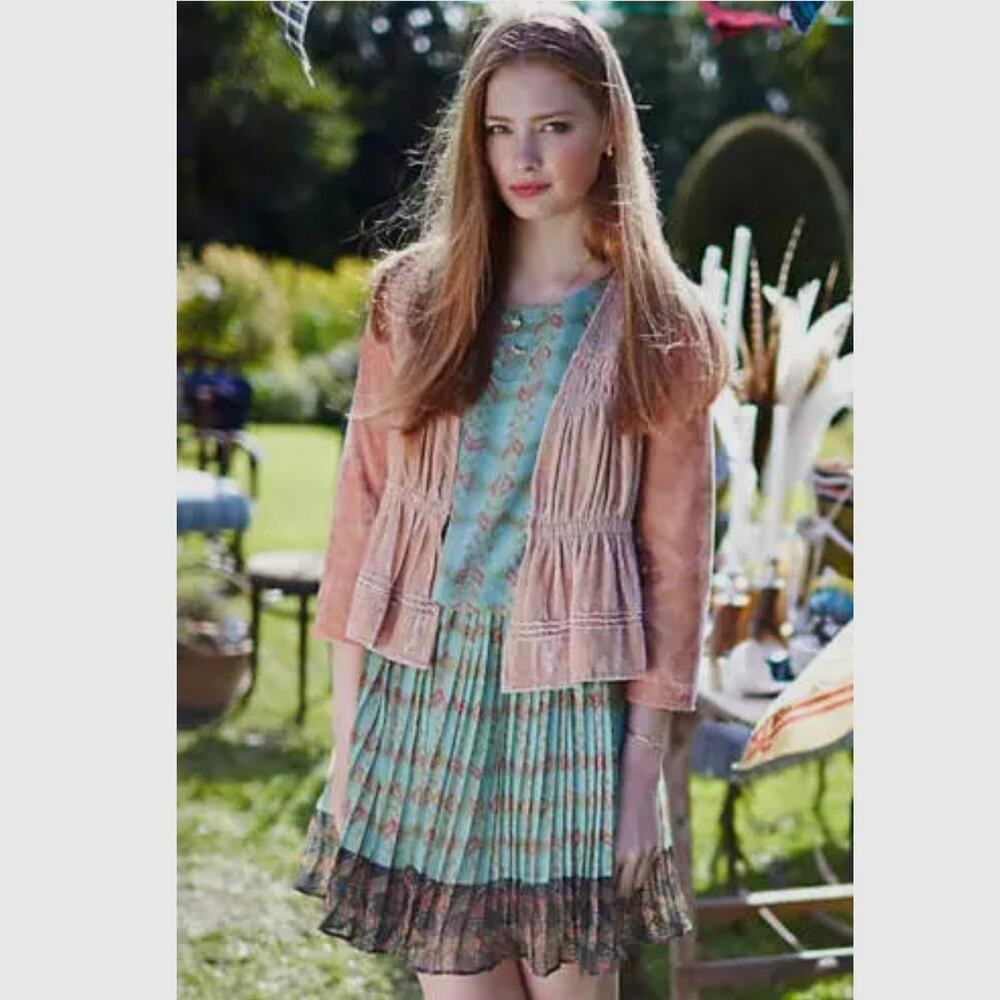 Anthropologie Lavand. Cottage Floral Minted Meadow Blouson Pleated Dress NWT S